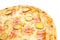 Part of delicious classic italian pizza with ham, sausages, corn, cucumbers and cheese