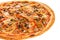 Part of delicious classic Mexican pizza with bacon, mushrooms, peppers, onion, tomatoes, Jalapenos and cheese