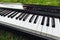 Part of electric piano keyboard, green grass background