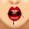 Part of female face with red lips with a juicy cherry in te