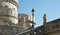 Part of Fisherman`s Bastion in the morning, Castle hill in Buda, beautiful architecture, sunny day, Budapest, Hungary