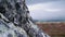 Part of the mountains is close. CLIP Stone surface with lichen. Black and white mountain. Steppe in the background