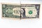 Part of obverse and reverse sides of 1 $ one American dollar cash money banknote bill half and half  on white background,