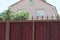 Part of a red metal fence with sharp brown rods