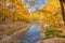 Part of a river which is surrounded by an autumnal landscape with yellow trees