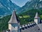 Part of the roof with turrets at the medieval Hohenwerfen Castle in Austria