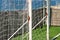 Part of soccer goal door with white net. Close up for football goal at soccer field with green grass and sport stadium, white line