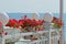 Part of a summer white veranda restaurant with a flowerpot with red flowers lanterns and a wooden fence against the backdrop of th