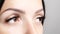 Part of woman`s face with long brown eyelashes and microblading. Female beauty portrait on a gray background. Eyelash extensions,