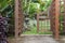 A part of wooden arbor with gate in ga.rden. Wooden arched entrance to the backyard