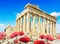 Parthenon athens greece sping season red poppies