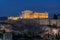 Parthenon with lights at dusk