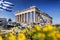 Parthenon temple with spring flowers on the Acropolis in Athens