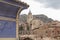 Partial view of AlbarracÃ­n, in the foreground part of a characteristic blue facade, in the background the cathedral. Teruel, Arag