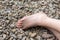 Partial view of a human bare foot on pebbles