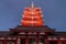 Partial view of the lit five-story pagoda of Senso-ji in Tokyo Japan