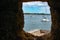 Partial view of Matanzas river and sailboats from Stone Turret window in Castillo de San Marcos Fort at  Florida`s Historic Coast.