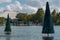 Partial view of Nautilus Theater and Christmas tree on lake at Seaworld