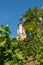 Partial view seen through vineyards of the tower of the beautiful old pilgrimage church in Birnau