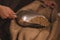 partial view of worker gathering coffee beans with metal scoop from