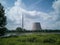 The partially demolished cooling tower of a closed down nuclear power plant