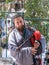 Participant of the festival in the traditional medieval dress plays music on the bagpipes at the annual festival `Jerusalem Knight