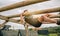 Participant in a obstacle course doing weaver