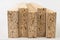 Particleboard with veneer is cut into small pieces. Materials for carpenters to build furniture