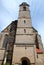 Particular church with tall bell tower in the town of Dinkelbur in Germany