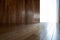 Partition brown wooden and glass wall with floor