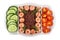 Partitioned dish with fried sausages, red rice, cucumbers, tomato isolated on white. Top view