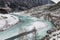 Partly frozen turquoise river Chuya in winter, Altai Republic