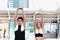 Partner buddy runner man and woman stretching body before exercise run outdoor, two Asian jogger athlete training and doing