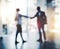 Partnering up to get ahead. Defocused shot of two businesspeople shaking hands in an office.