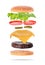 Parts of hamburger flying in the air on white background