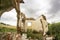 Parts of a ruined house with dramatic sky