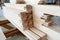 Parts of wooden windows from glued beams from pine with chopped mortise and tenon joints