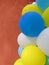 Party balloons in blue, white and yellow. Celebrating a birthday or wedding.
