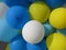 Party balloons in blue, white and yellow. Celebrating a birthday or wedding.