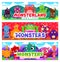 Party banners with cartoon cute monster characters