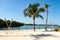 Party beach in the Florida Keys with sea birds and tiki torches and palm trees and boats out in the water nearby