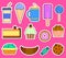 Party big set with different sweets - cake, ice cream, donuts, cupcakes, chocolate bar, candies. Flat design Vector