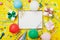 Party or birthday background. Silver frame with balloon, gift, carnival cap, confetti, candy and streamer. Holiday mockup.