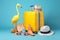 party blue travel flamingo yellow concept background vacation suitcase summer sunglasses. Generative AI.