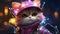 Party cat in neon colors. Funny kitten with holographic hat in 90s style neon lights. Generated AI.