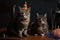 Party cats: cats with party hats celebrating birthday. Generative AI