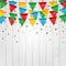 Party celebration flag on white wood background, vector illustration