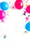 Party concept. Colorful balloons and confetti on white background top-down frame copy space