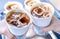 Party concept, girl with friends hold coffee cups and say cheers happy hangout together in cafe, lifestyle, copy space, top view,