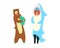 Party costumes people dressed in onesies representing bear and shark characters flat cartoon vector illustration.